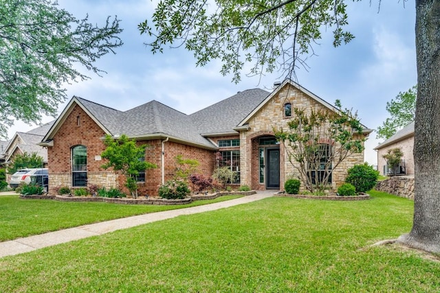 4414 Firewheel Dr, Garland, TX 75044 - view of front of home with stone siding, a front yard, a shingled roof, and brick siding
