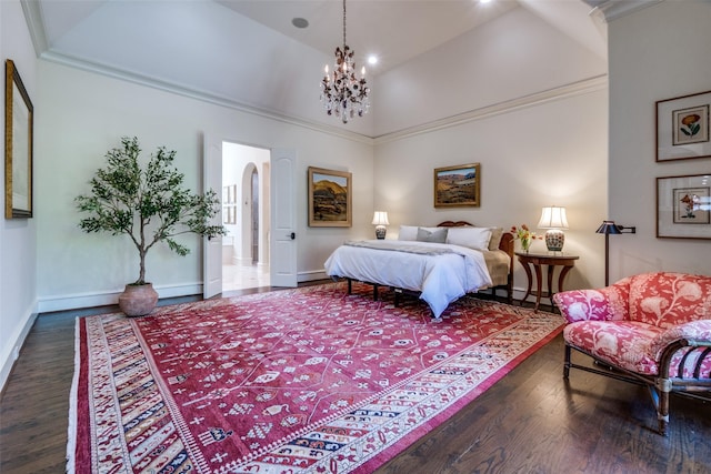 bedroom featuring arched walkways, baseboards, an inviting chandelier, and wood finished floors
