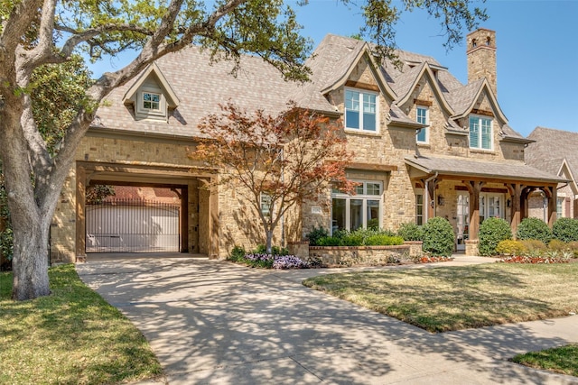 view of front facade with stone siding, a front lawn, a gate, a chimney, and driveway