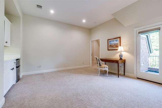 office area featuring visible vents, baseboards, recessed lighting, and light carpet