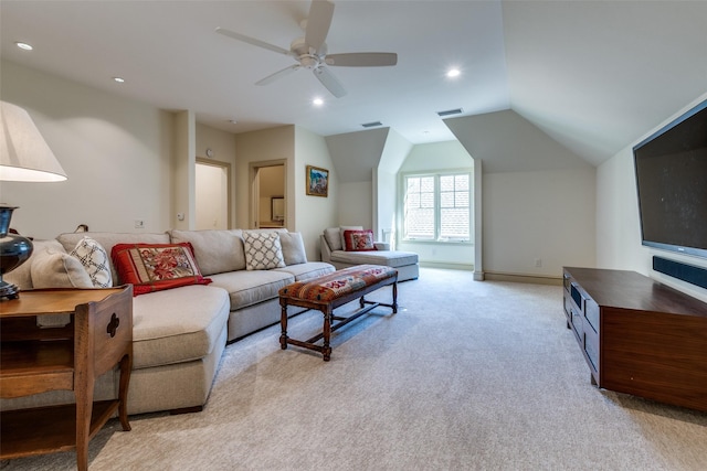 living room with baseboards, vaulted ceiling, recessed lighting, ceiling fan, and light colored carpet