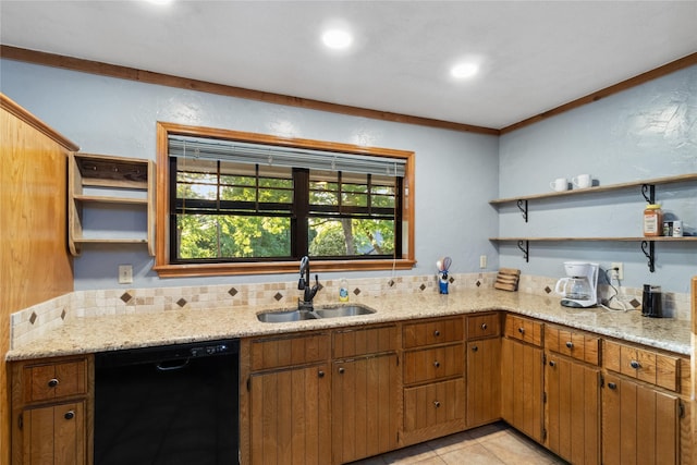 260 Winding Way, Fairfield, TX 75840 - kitchen featuring dishwasher, open shelves, a sink, light tile patterned flooring, and light stone counters