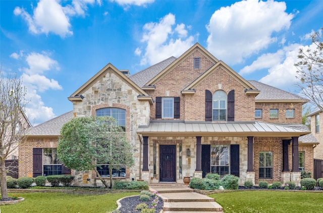traditional-style home featuring roof with shingles, a front yard, brick siding, and stone siding