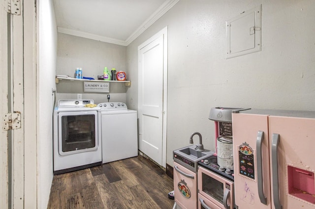 laundry area with laundry area, dark wood finished floors, washing machine and clothes dryer, and ornamental molding
