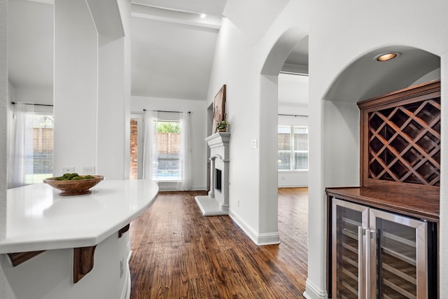 1208 Claire St, Lantana, TX 76226 - entrance foyer featuring beverage cooler, dark wood finished floors, a fireplace with raised hearth, healthy amount of natural light, and lofted ceiling