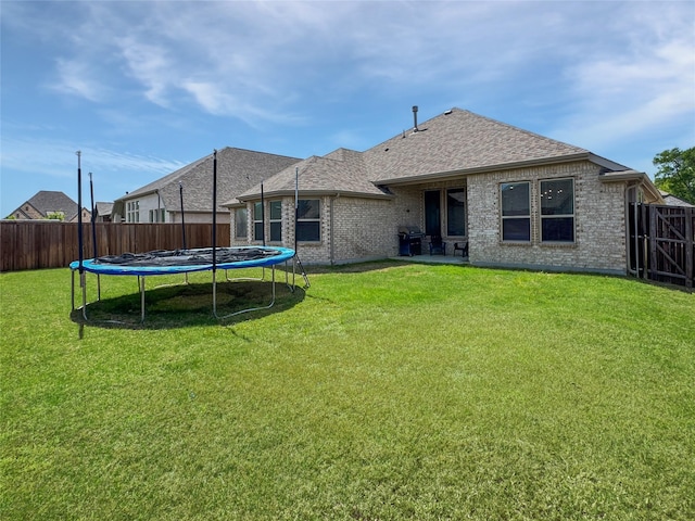3906 Greenbrier Dr, Melissa, TX 75454 - rear view of property with a shingled roof, a trampoline, a lawn, a fenced backyard, and brick siding