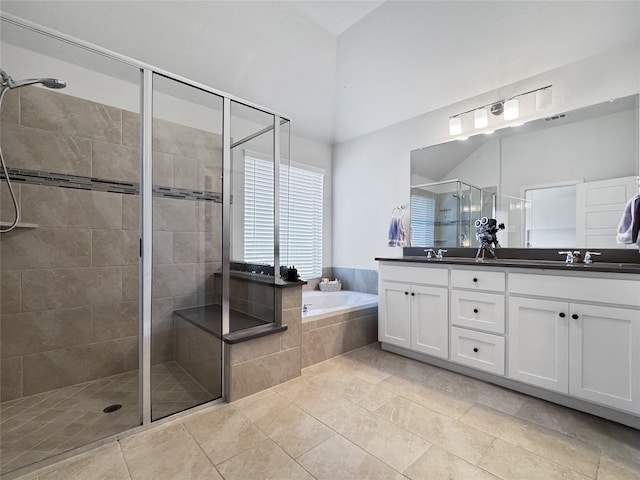 3906 Greenbrier Dr, Melissa, TX 75454 - bathroom featuring a shower stall, a bath, tile patterned flooring, a sink, and double vanity
