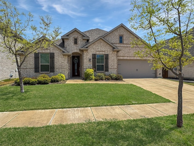 3906 Greenbrier Dr, Melissa, TX 75454 - french country inspired facade featuring a garage, roof with shingles, a front yard, brick siding, and concrete driveway