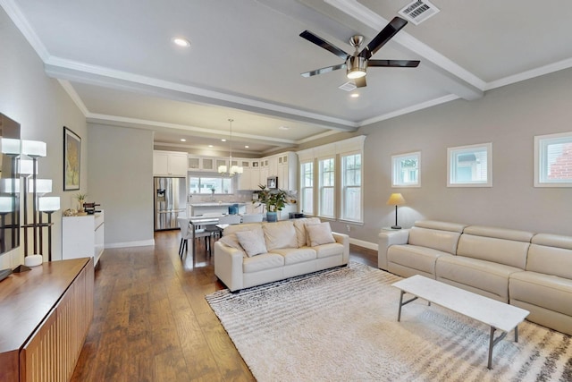 living room featuring beamed ceiling, dark wood-type flooring, a ceiling fan, recessed lighting, and baseboards