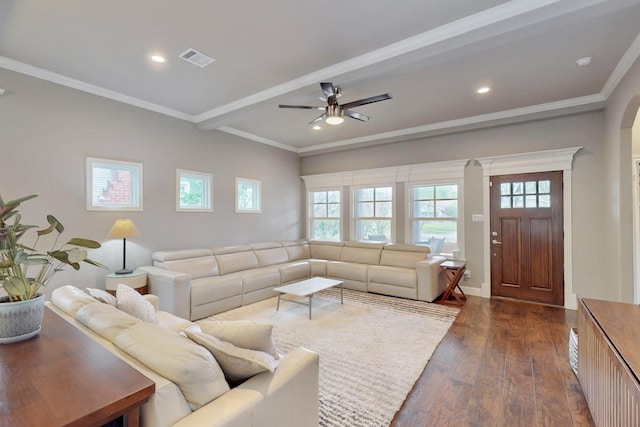 living area featuring dark wood-style floors, a ceiling fan, healthy amount of natural light, beamed ceiling, and recessed lighting