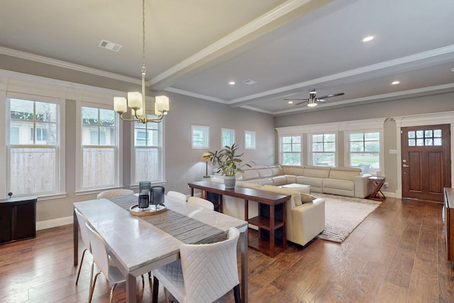 dining room featuring a chandelier, beamed ceiling, dark wood-style flooring, baseboards, and recessed lighting