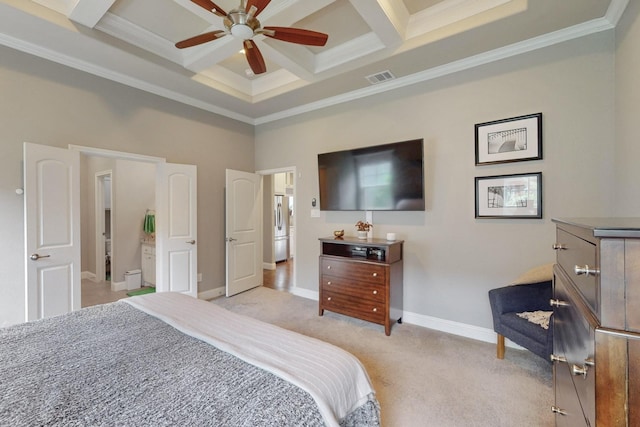 bedroom featuring coffered ceiling, freestanding refrigerator, ornamental molding, light carpet, and baseboards