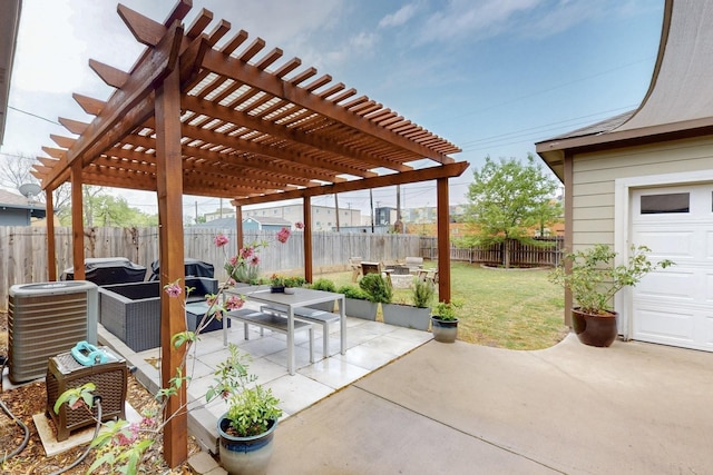 view of patio / terrace with central AC, outdoor lounge area, and a pergola