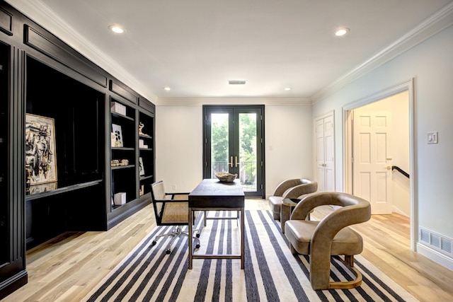 5919 Club Hill Pl, Dallas, TX 75248 - office featuring light wood-type flooring, french doors, and ornamental molding