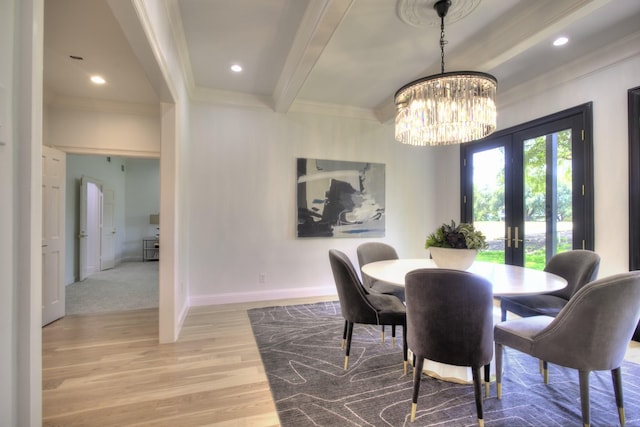 5919 Club Hill Pl, Dallas, TX 75248 - dining space with beamed ceiling, light wood-type flooring, ornamental molding, a chandelier, and french doors