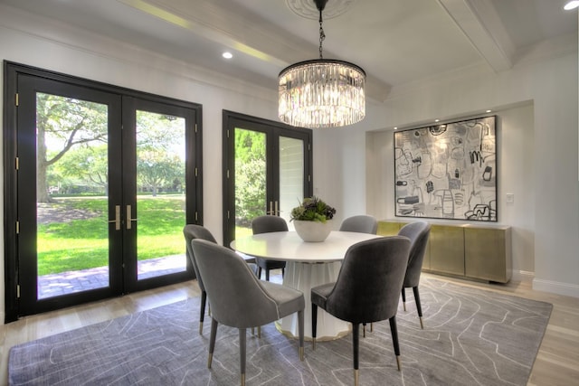 5919 Club Hill Pl, Dallas, TX 75248 - dining area featuring french doors, wood finished floors, a notable chandelier, and beam ceiling
