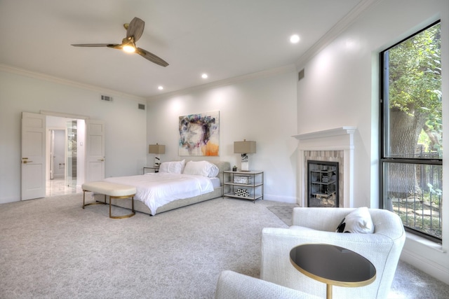 5919 Club Hill Pl, Dallas, TX 75248 - bedroom featuring crown molding, baseboards, carpet, and a fireplace