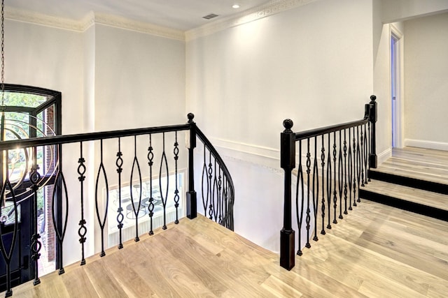 5919 Club Hill Pl, Dallas, TX 75248 - stairway with wood finished floors, baseboards, and ornamental molding