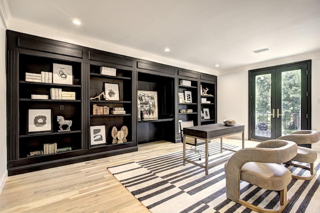 5919 Club Hill Pl, Dallas, TX 75248 - office area featuring visible vents, ornamental molding, light wood finished floors, recessed lighting, and french doors