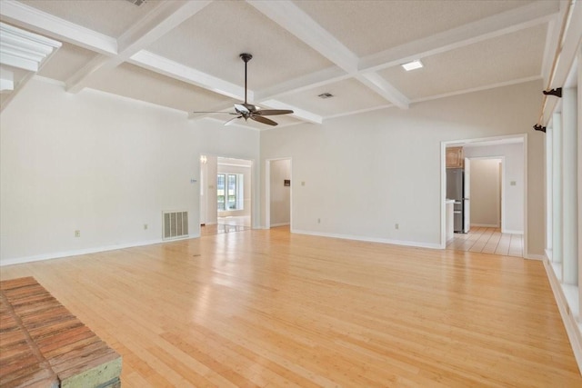 10010 Lost Oak Ridge Dr, Woodway, TX 76712 - unfurnished living room with a ceiling fan, coffered ceiling, light wood-style flooring, beamed ceiling, and baseboards