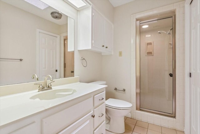 10010 Lost Oak Ridge Dr, Woodway, TX 76712 - bathroom with a stall shower, vanity, toilet, and tile patterned floors