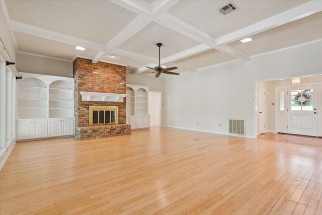 10010 Lost Oak Ridge Dr, Woodway, TX 76712 - unfurnished living room featuring ceiling fan, light wood-type flooring, coffered ceiling, beamed ceiling, and baseboards