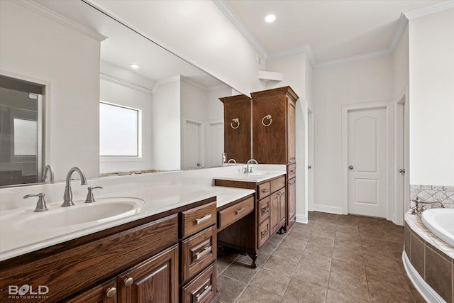 106 Horseguards Ave, Bossier City, LA 71111 - bathroom with a garden tub, a sink, double vanity, and ornamental molding