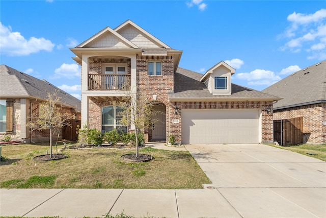 3918 Holly Springs Ln, Kaufman, TX 75142 - traditional-style home featuring brick siding, a garage, a front yard, and a balcony