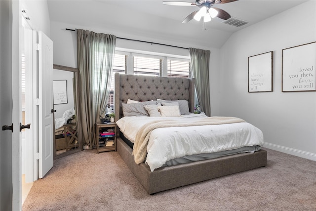 3918 Holly Springs Ln, Kaufman, TX 75142 - carpeted bedroom featuring ceiling fan, visible vents, baseboards, and lofted ceiling