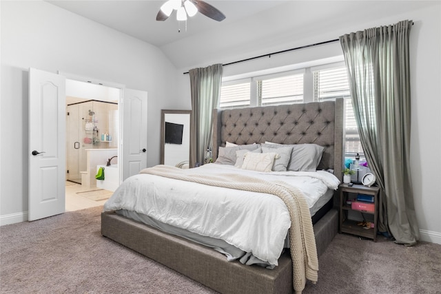 3918 Holly Springs Ln, Kaufman, TX 75142 - bedroom with baseboards, a ceiling fan, carpet floors, ensuite bath, and vaulted ceiling