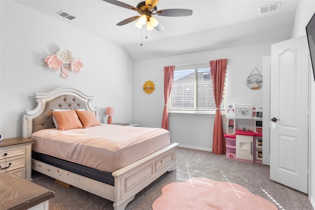 3918 Holly Springs Ln, Kaufman, TX 75142 - bedroom with visible vents, a ceiling fan, vaulted ceiling, and light carpet
