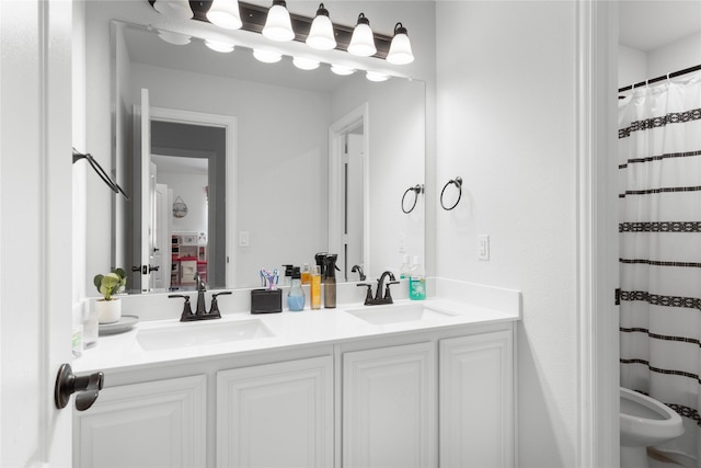 3918 Holly Springs Ln, Kaufman, TX 75142 - full bathroom with curtained shower, double vanity, and a sink