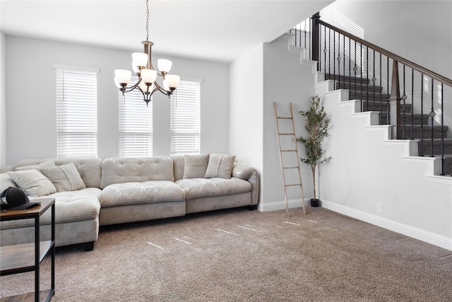 3918 Holly Springs Ln, Kaufman, TX 75142 - living area featuring stairway, a notable chandelier, baseboards, and carpet floors