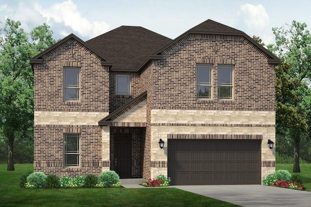 view of front of property with brick siding, an attached garage, stone siding, and concrete driveway