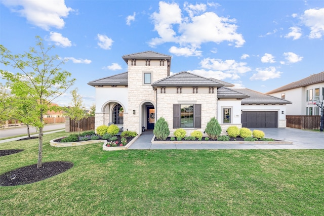 781 Star Meadow Dr, Prosper, TX 75078 - view of front of house with stone siding, fence, a front lawn, an attached garage, and concrete driveway
