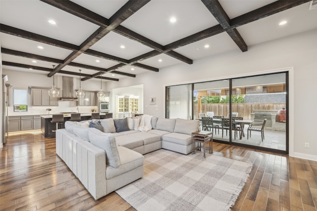 781 Star Meadow Dr, Prosper, TX 75078 - living area with coffered ceiling, hardwood / wood-style floors, and beam ceiling
