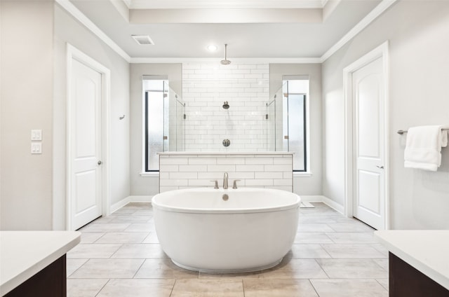 781 Star Meadow Dr, Prosper, TX 75078 - full bath with a soaking tub, a walk in shower, a tray ceiling, vanity, and ornamental molding