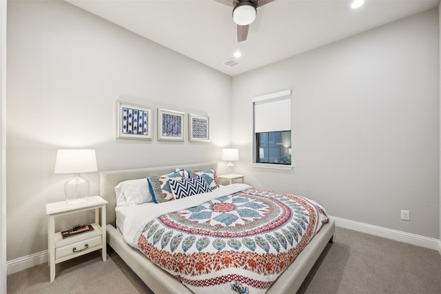 781 Star Meadow Dr, Prosper, TX 75078 - carpeted bedroom with visible vents, baseboards, recessed lighting, and a ceiling fan