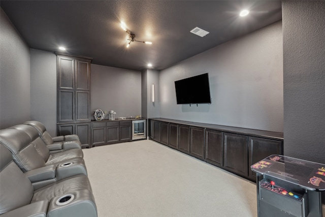 781 Star Meadow Dr, Prosper, TX 75078 - home theater with wine cooler, visible vents, recessed lighting, and carpet flooring