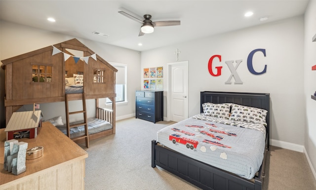 781 Star Meadow Dr, Prosper, TX 75078 - bedroom featuring visible vents, baseboards, a ceiling fan, and light colored carpet