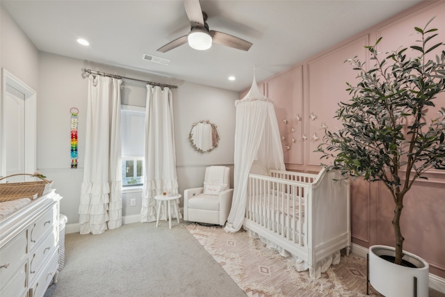 781 Star Meadow Dr, Prosper, TX 75078 - bedroom featuring visible vents, ceiling fan, recessed lighting, and light carpet