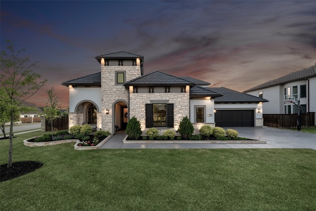 781 Star Meadow Dr, Prosper, TX 75078 - view of front of home featuring stucco siding, a front yard, stone siding, an attached garage, and concrete driveway