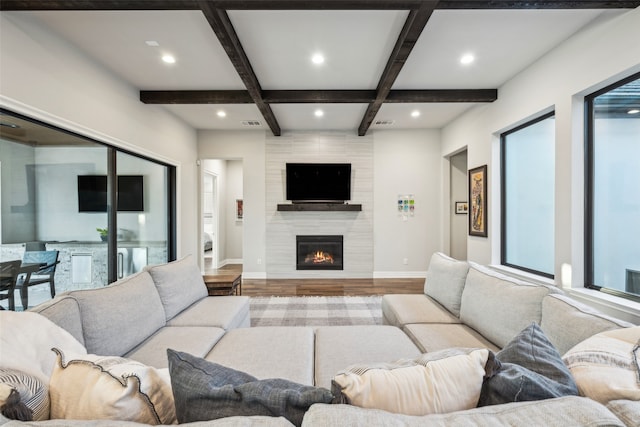 781 Star Meadow Dr, Prosper, TX 75078 - living room featuring baseboards, recessed lighting, beam ceiling, coffered ceiling, and wood finished floors