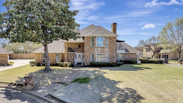 traditional-style home with a chimney, fence, a balcony, brick siding, and a front lawn