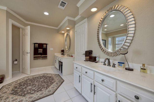 full bathroom featuring crown molding, tile patterned flooring, visible vents, recessed lighting, and a sink