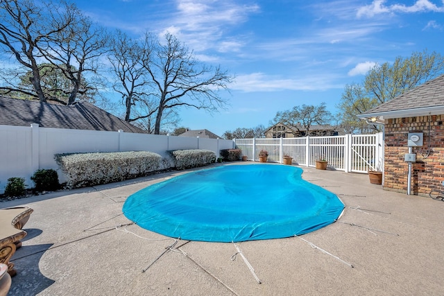 view of pool featuring a patio area, a fenced backyard, and a fenced in pool