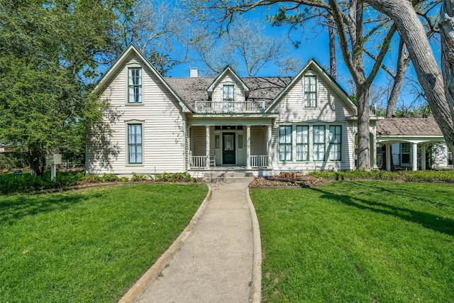 401 Pacific Ave, Terrell, TX 75160 - view of front of home with a balcony, a chimney, a front lawn, and covered porch