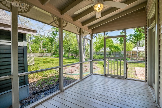 401 Pacific Ave, Terrell, TX 75160 - unfurnished sunroom with beam ceiling and a ceiling fan