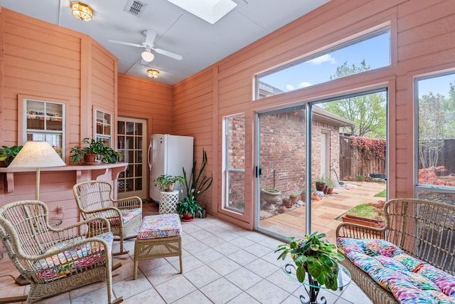 sunroom / solarium featuring an outdoor living space, visible vents, a ceiling fan, and a skylight