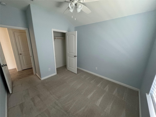3409 Sandstone Dr, Sherman, TX 75092 - unfurnished bedroom featuring carpet flooring, vaulted ceiling, a closet, and a ceiling fan